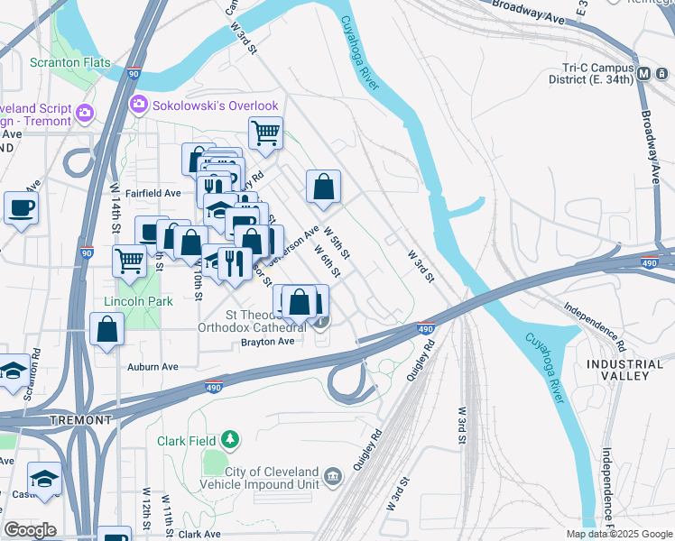 map of restaurants, bars, coffee shops, grocery stores, and more near 2489 West 6th Street in Cleveland