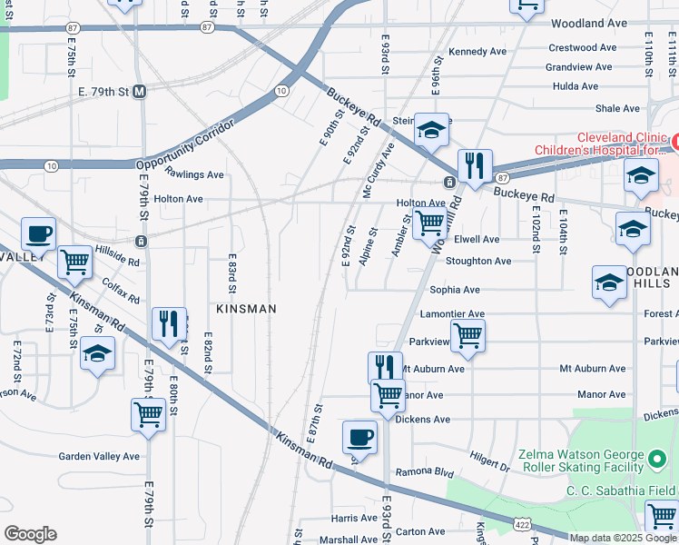 map of restaurants, bars, coffee shops, grocery stores, and more near 2914 East 92nd Street in Cleveland