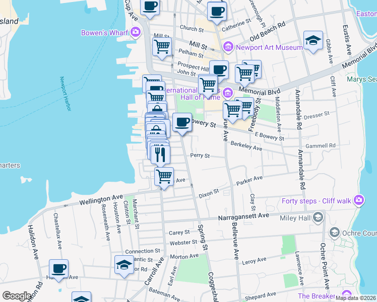 map of restaurants, bars, coffee shops, grocery stores, and more near 35 West Street in Newport