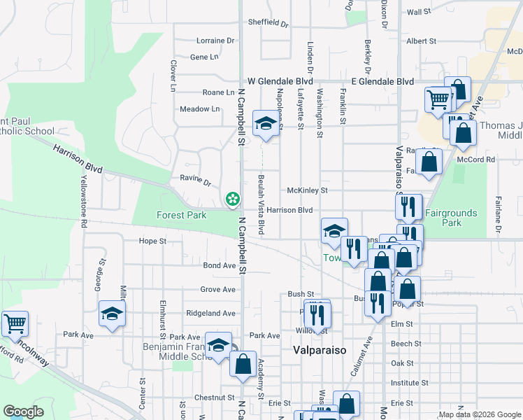 map of restaurants, bars, coffee shops, grocery stores, and more near 298 Harrison Boulevard in Valparaiso