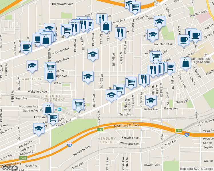 map of restaurants, bars, coffee shops, grocery stores, and more near 1924 West 50th Street in Cleveland