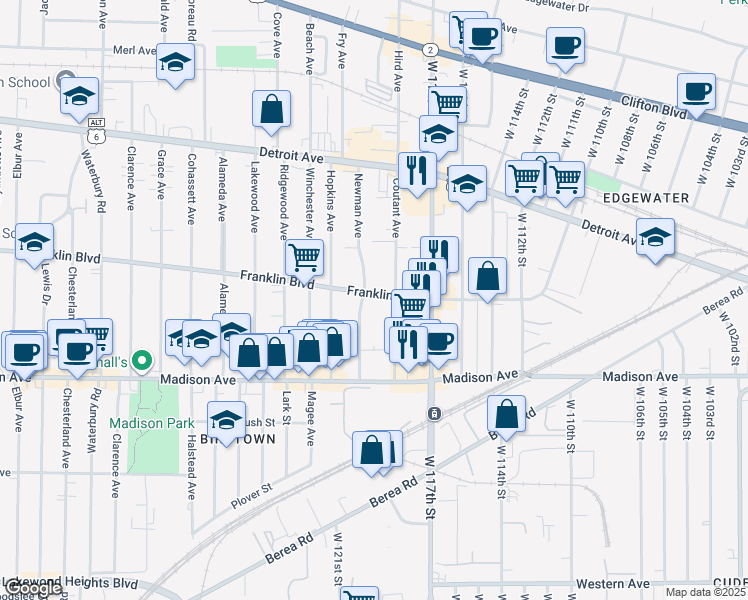 map of restaurants, bars, coffee shops, grocery stores, and more near 11815 Franklin Boulevard in Lakewood