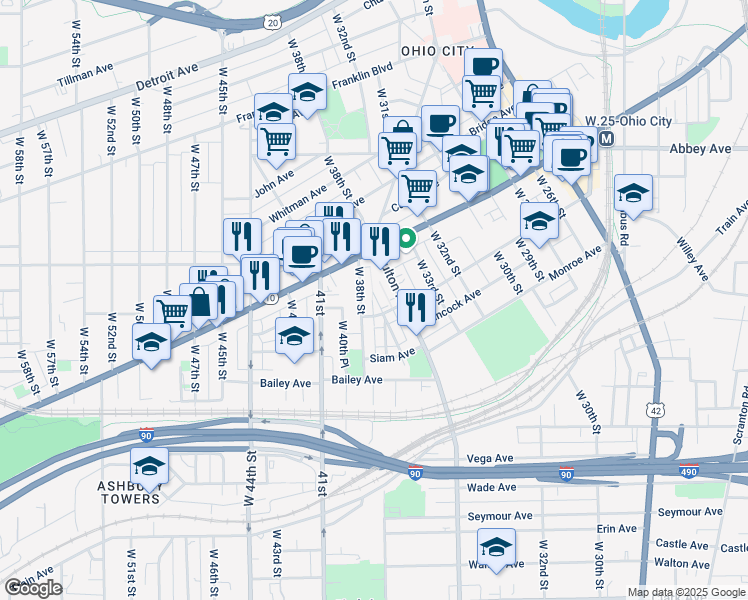map of restaurants, bars, coffee shops, grocery stores, and more near 2106 Fulton Road in Cleveland