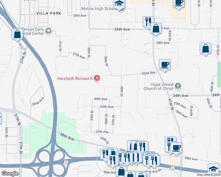 map of restaurants, bars, coffee shops, grocery stores, and more near 3614 33rd Avenue in Moline