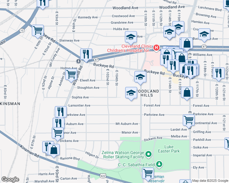 map of restaurants, bars, coffee shops, grocery stores, and more near 2916 East 104th Street in Cleveland