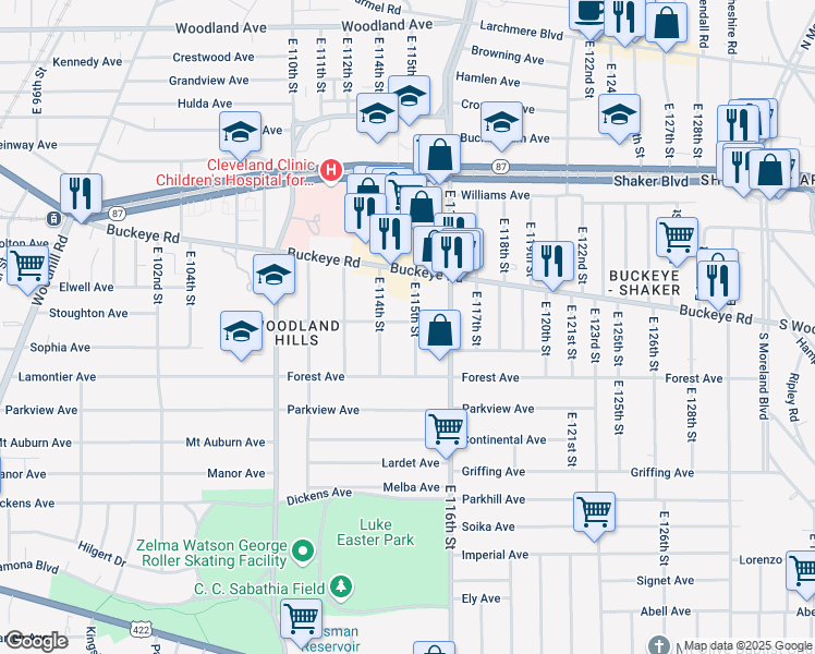map of restaurants, bars, coffee shops, grocery stores, and more near 2918 East 115th Street in Cleveland