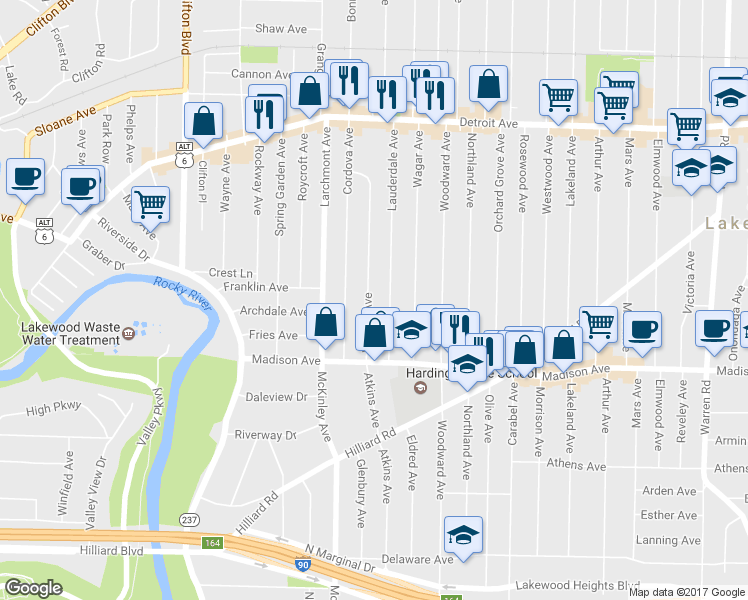 map of restaurants, bars, coffee shops, grocery stores, and more near 1609 Winton Ave in Lakewood