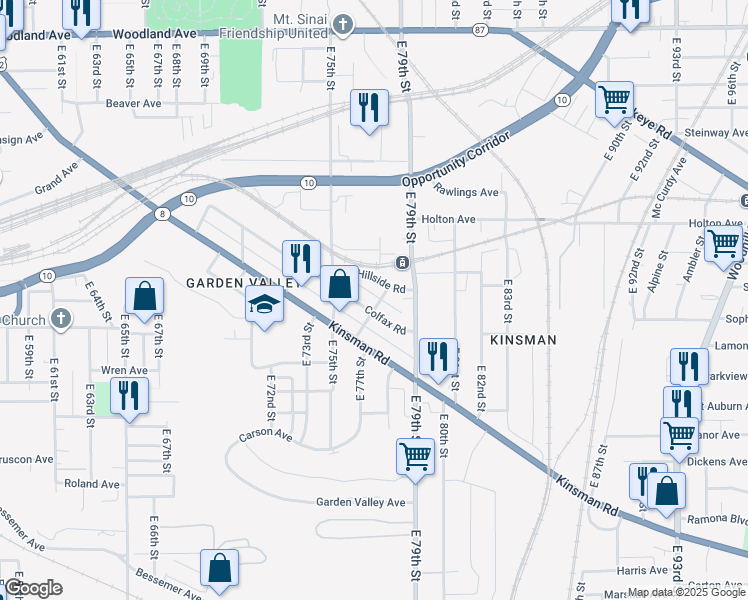 map of restaurants, bars, coffee shops, grocery stores, and more near 2918 Minnie Street in Cleveland