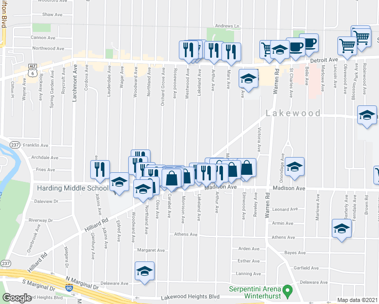 map of restaurants, bars, coffee shops, grocery stores, and more near 1601 Westwood Avenue in Lakewood