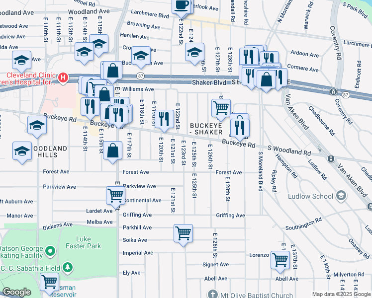map of restaurants, bars, coffee shops, grocery stores, and more near 2915 East 123rd Street in Cleveland