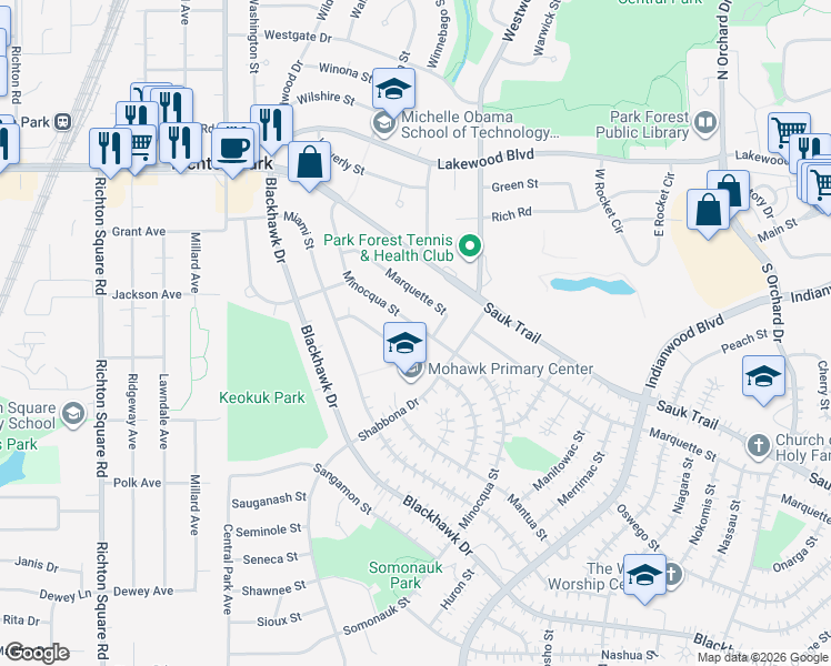 map of restaurants, bars, coffee shops, grocery stores, and more near 313 Minocqua Street in Park Forest
