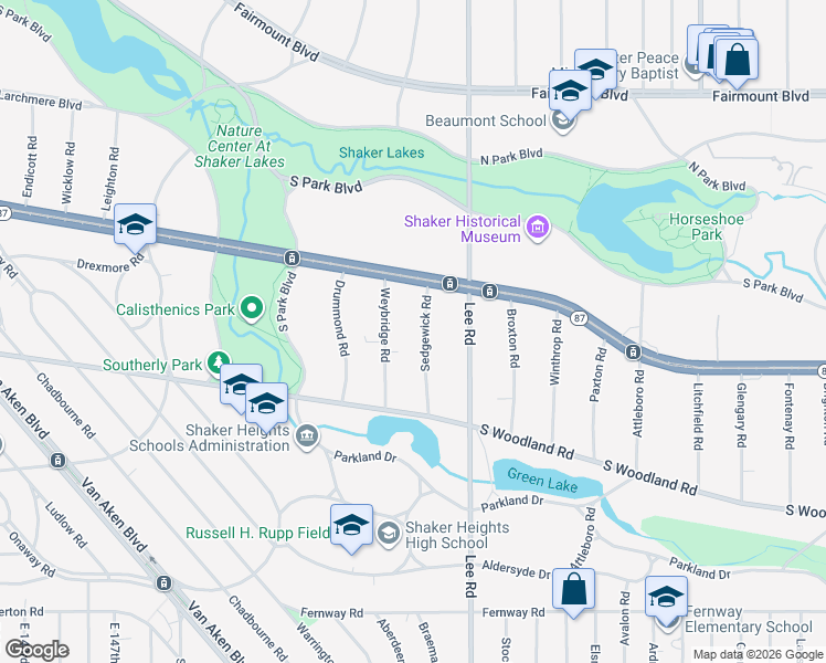 map of restaurants, bars, coffee shops, grocery stores, and more near 2866 Sedgewick Road in Shaker Heights