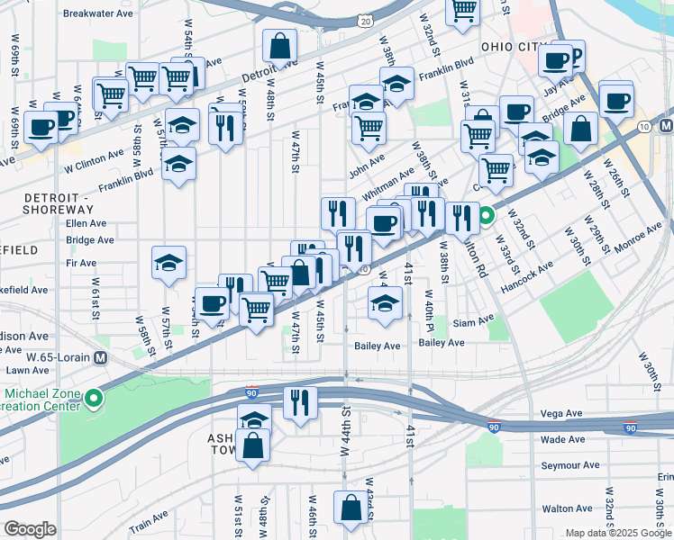 map of restaurants, bars, coffee shops, grocery stores, and more near 1990 West 44th Street in Cleveland