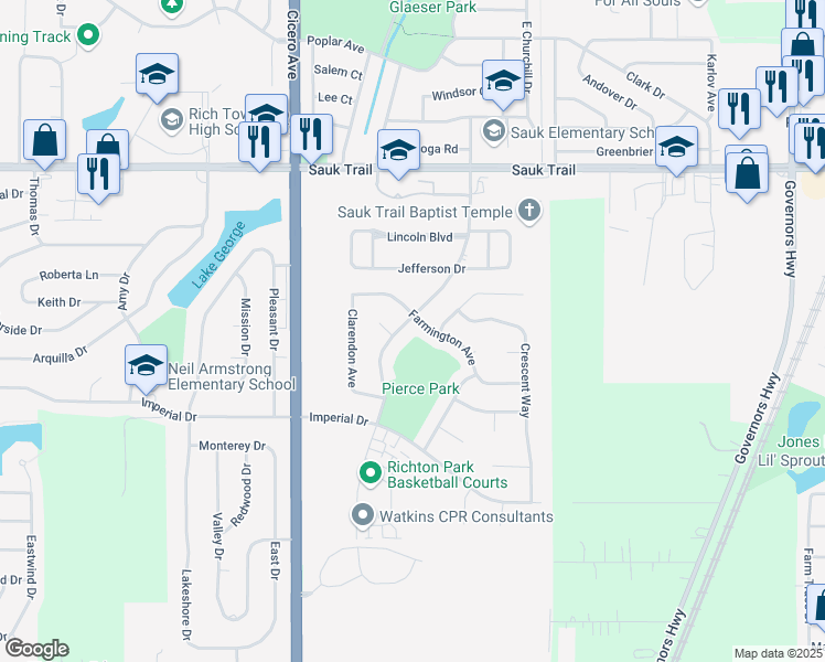 map of restaurants, bars, coffee shops, grocery stores, and more near 4539 Farmington Avenue in Richton Park