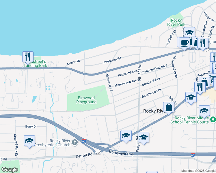 map of restaurants, bars, coffee shops, grocery stores, and more near 616 Elmwood Road in Rocky River