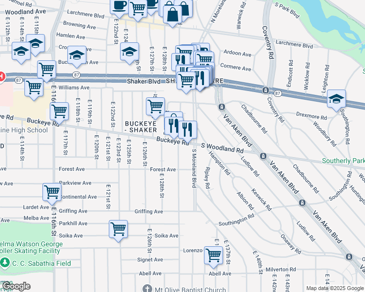 map of restaurants, bars, coffee shops, grocery stores, and more near 13106 Buckeye Road in Cleveland