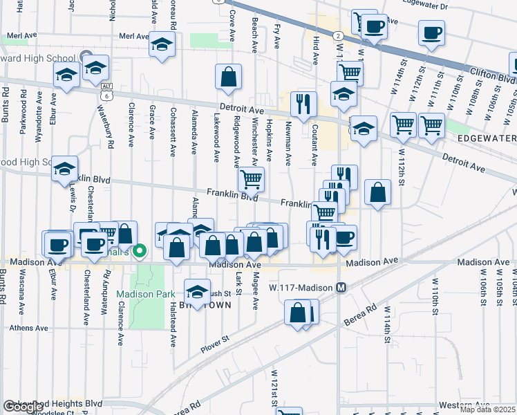 map of restaurants, bars, coffee shops, grocery stores, and more near 1563 Winchester Avenue in Lakewood
