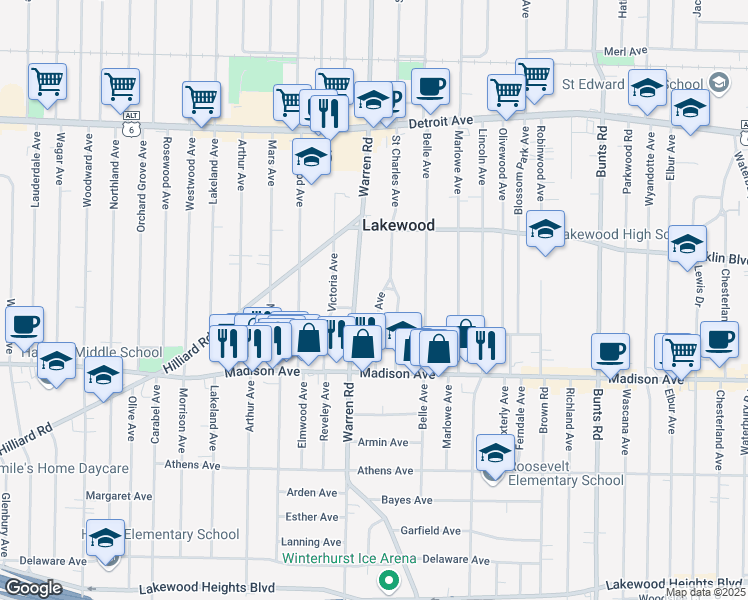 map of restaurants, bars, coffee shops, grocery stores, and more near 1604 Onondaga Avenue in Lakewood