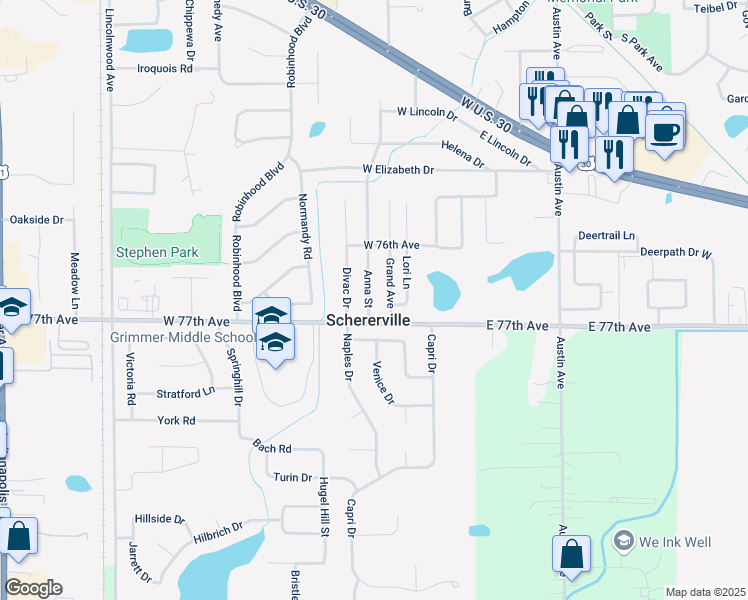 map of restaurants, bars, coffee shops, grocery stores, and more near 2325 Anna Street in Schererville