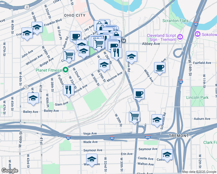 map of restaurants, bars, coffee shops, grocery stores, and more near 2828 York Avenue in Cleveland
