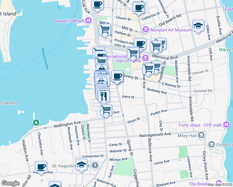 map of restaurants, bars, coffee shops, grocery stores, and more near 42 Dearborn Street in Newport