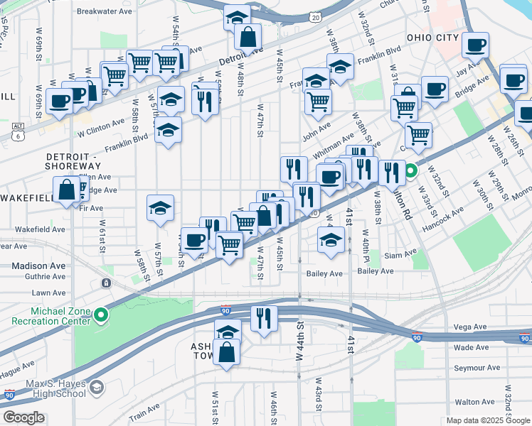 map of restaurants, bars, coffee shops, grocery stores, and more near 1959 West 47th Street in Cleveland