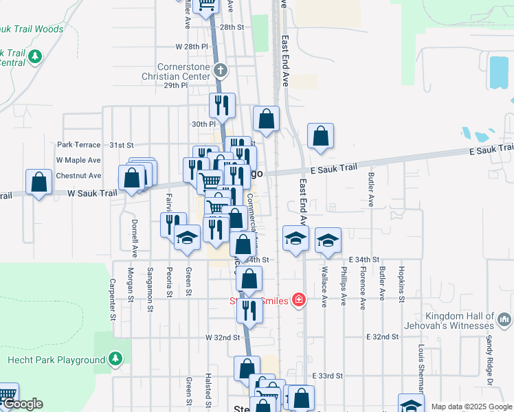map of restaurants, bars, coffee shops, grocery stores, and more near 3233 Commercial Avenue in South Chicago Heights