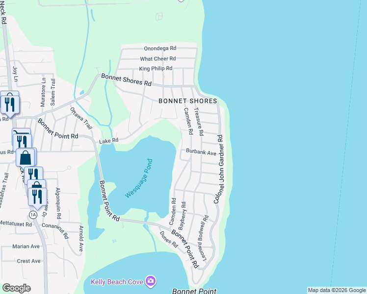 map of restaurants, bars, coffee shops, grocery stores, and more near 3 Branch Road in Narragansett