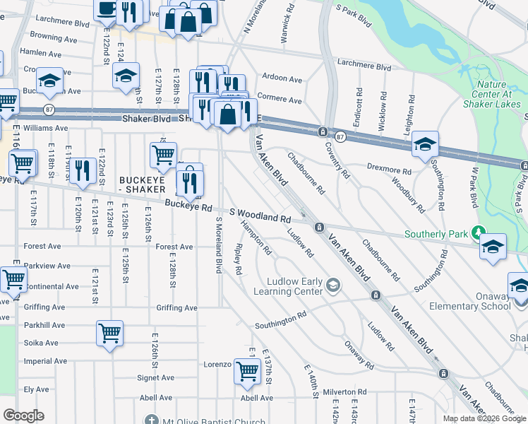 map of restaurants, bars, coffee shops, grocery stores, and more near 13415 South Woodland Road in Cleveland