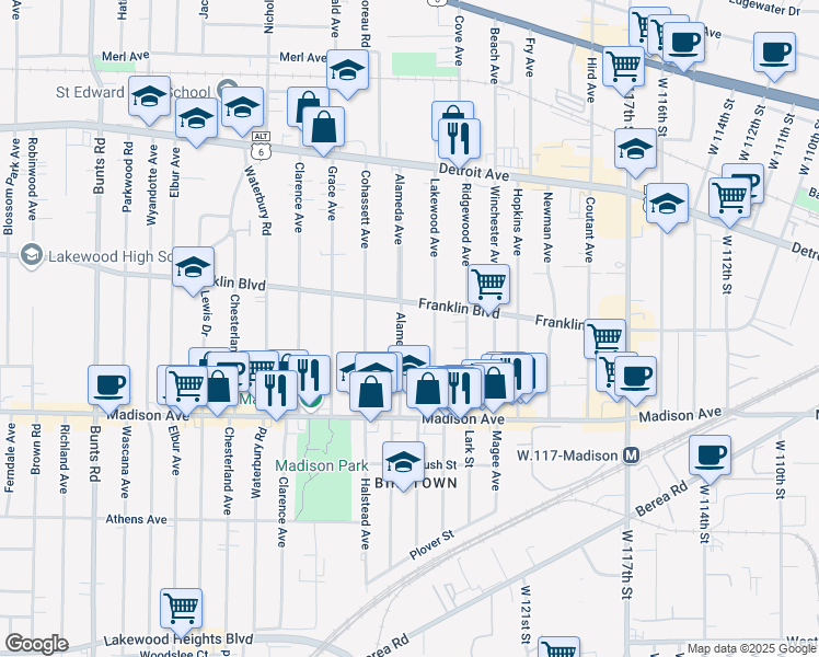 map of restaurants, bars, coffee shops, grocery stores, and more near 1573 Alameda Avenue in Lakewood
