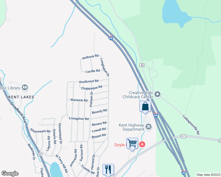 map of restaurants, bars, coffee shops, grocery stores, and more near 166 Longfellow Drive in Carmel Hamlet