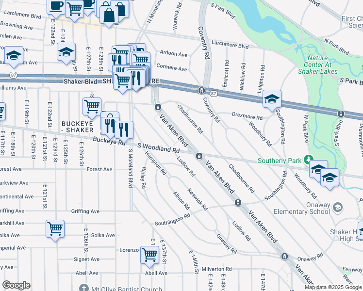 map of restaurants, bars, coffee shops, grocery stores, and more near 2920 Van Aken Boulevard in Cleveland