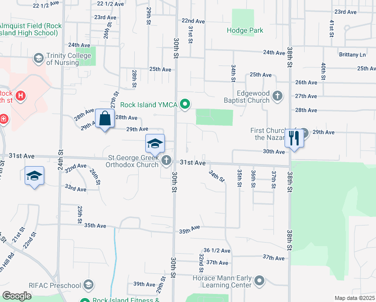 map of restaurants, bars, coffee shops, grocery stores, and more near 3001 31st Street in Rock Island