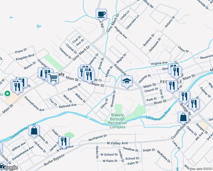 map of restaurants, bars, coffee shops, grocery stores, and more near 326 Oak Street in Blakely