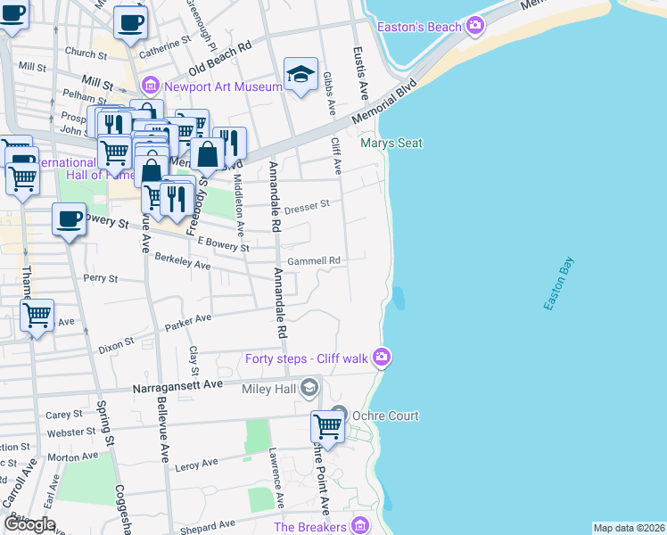 map of restaurants, bars, coffee shops, grocery stores, and more near 50 Cliff Avenue in Newport
