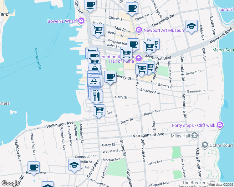 map of restaurants, bars, coffee shops, grocery stores, and more near 35 West Street in Newport