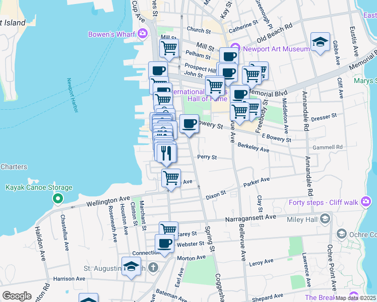 map of restaurants, bars, coffee shops, grocery stores, and more near 33 South Baptist Street in Newport