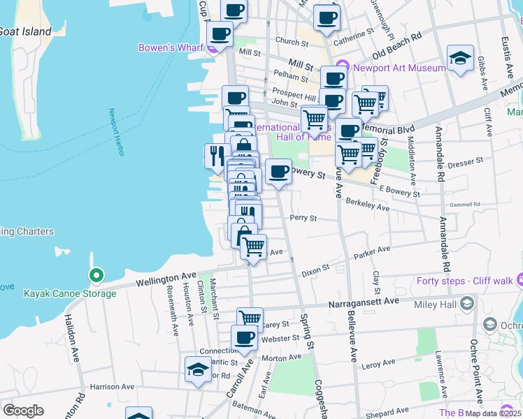 map of restaurants, bars, coffee shops, grocery stores, and more near 33 South Baptist Street in Newport