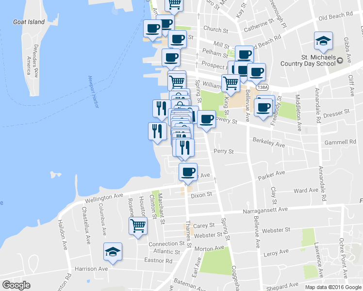 map of restaurants, bars, coffee shops, grocery stores, and more near 501 Thames Street in Newport