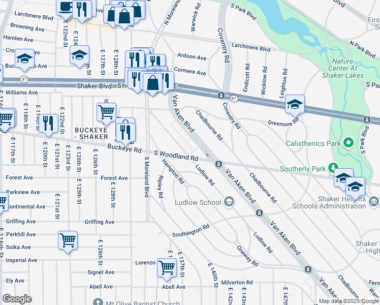 map of restaurants, bars, coffee shops, grocery stores, and more near 2920 Van Aken Boulevard in Cleveland