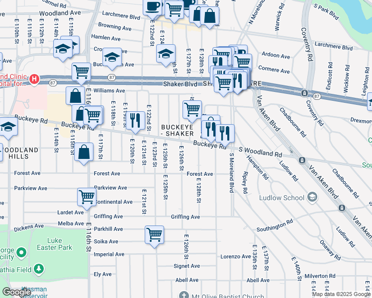 map of restaurants, bars, coffee shops, grocery stores, and more near 12704 Buckeye Road in Cleveland