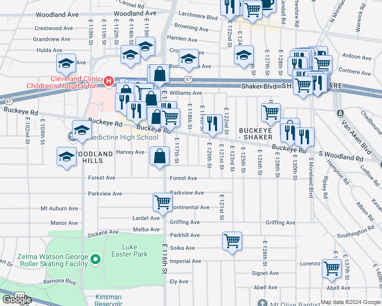 map of restaurants, bars, coffee shops, grocery stores, and more near 2915 East 119th Street in Cleveland