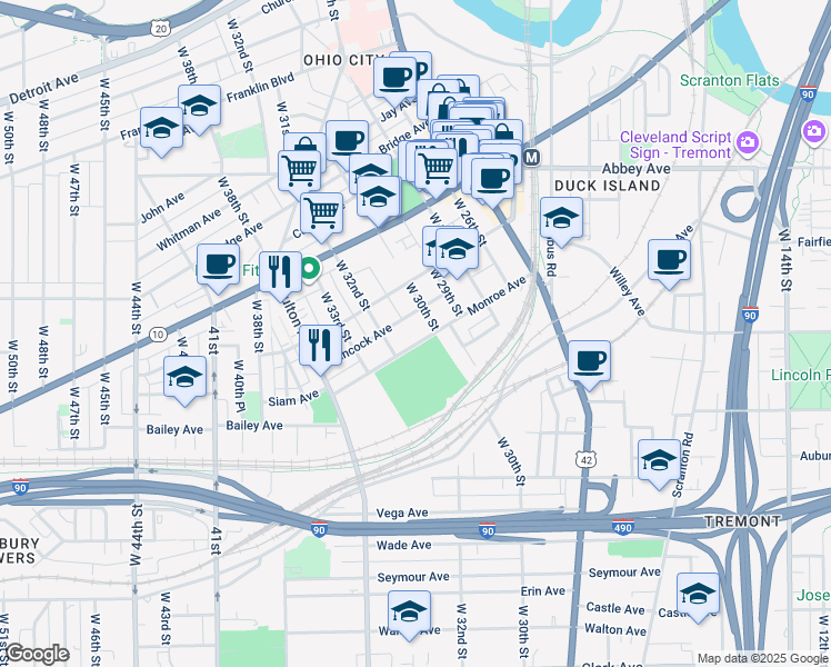 map of restaurants, bars, coffee shops, grocery stores, and more near 3015 Monroe Avenue in Cleveland
