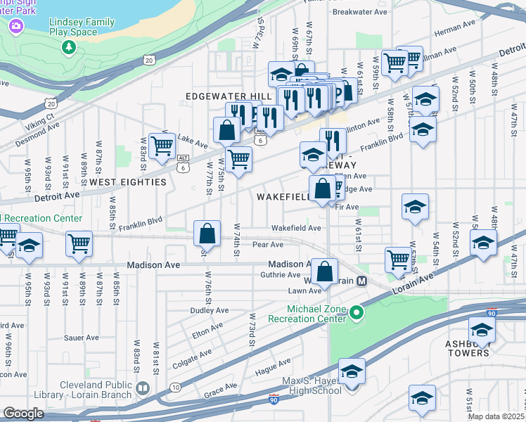 map of restaurants, bars, coffee shops, grocery stores, and more near 1921 West 71st Street in Cleveland