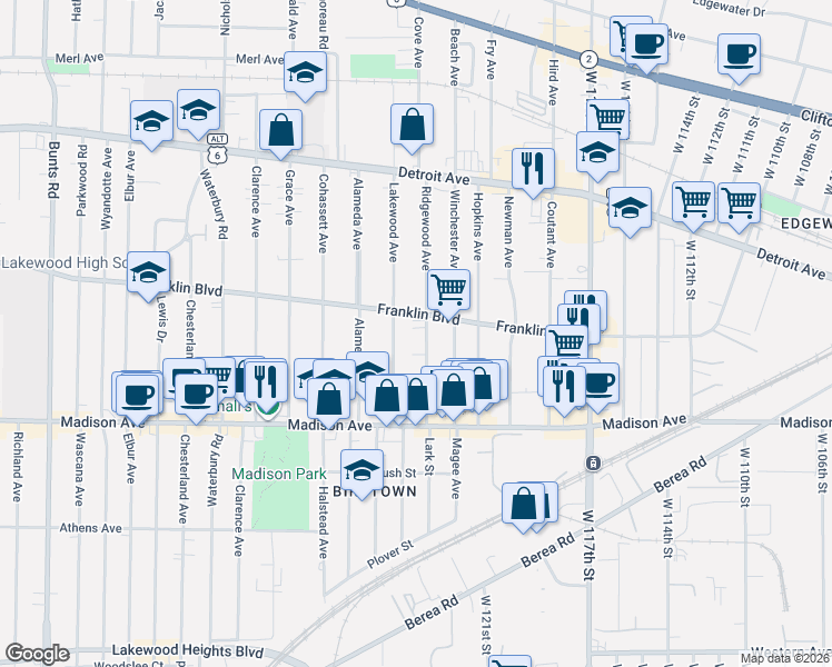 map of restaurants, bars, coffee shops, grocery stores, and more near 1566 Ridgewood Avenue in Lakewood