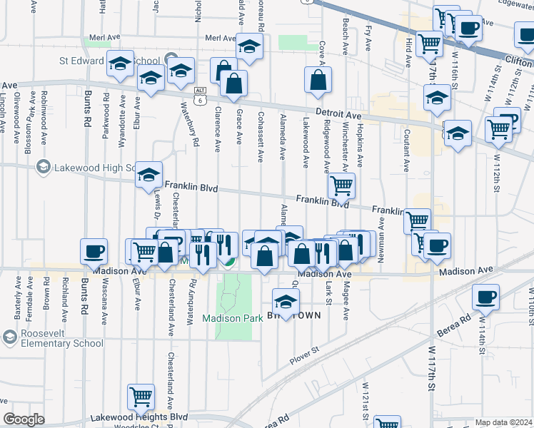 map of restaurants, bars, coffee shops, grocery stores, and more near 1581 Cohassett Avenue in Lakewood