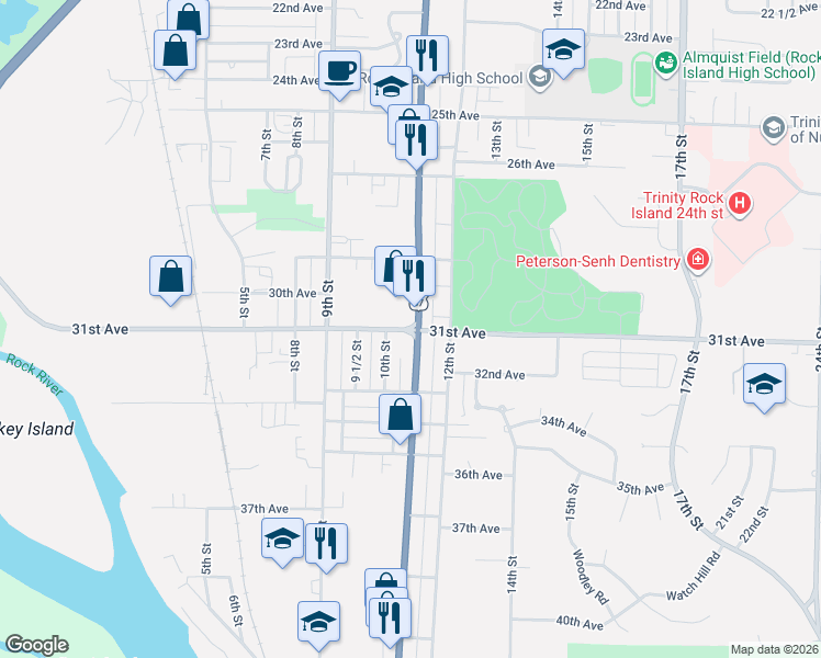 map of restaurants, bars, coffee shops, grocery stores, and more near 1068-1098 31st Avenue in Rock Island