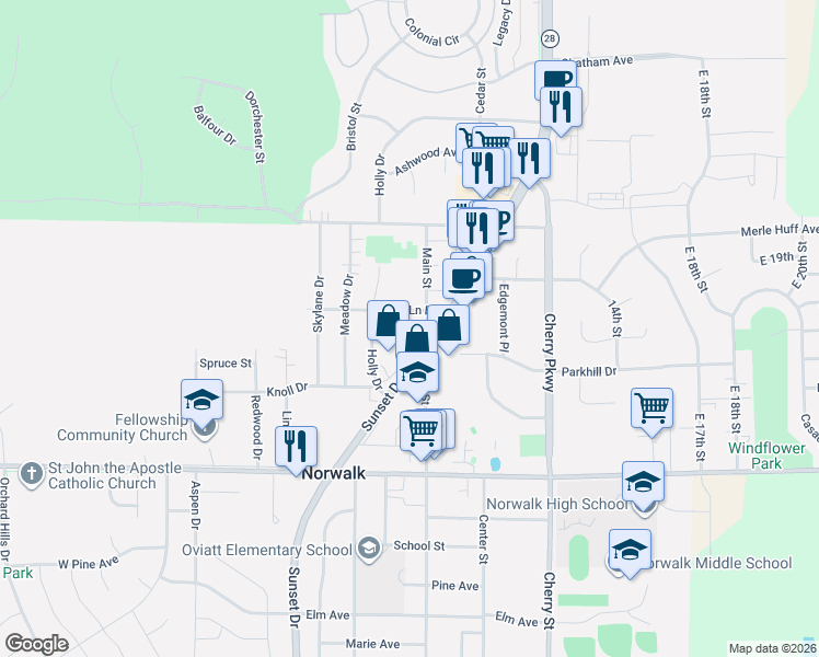 map of restaurants, bars, coffee shops, grocery stores, and more near 1043 Sunset Drive in Norwalk