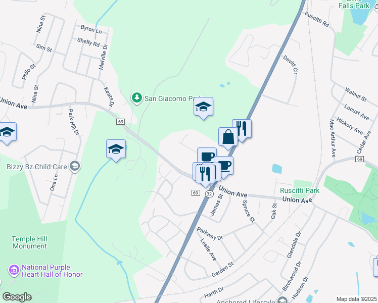 map of restaurants, bars, coffee shops, grocery stores, and more near 35 Hillside Avenue in New Windsor