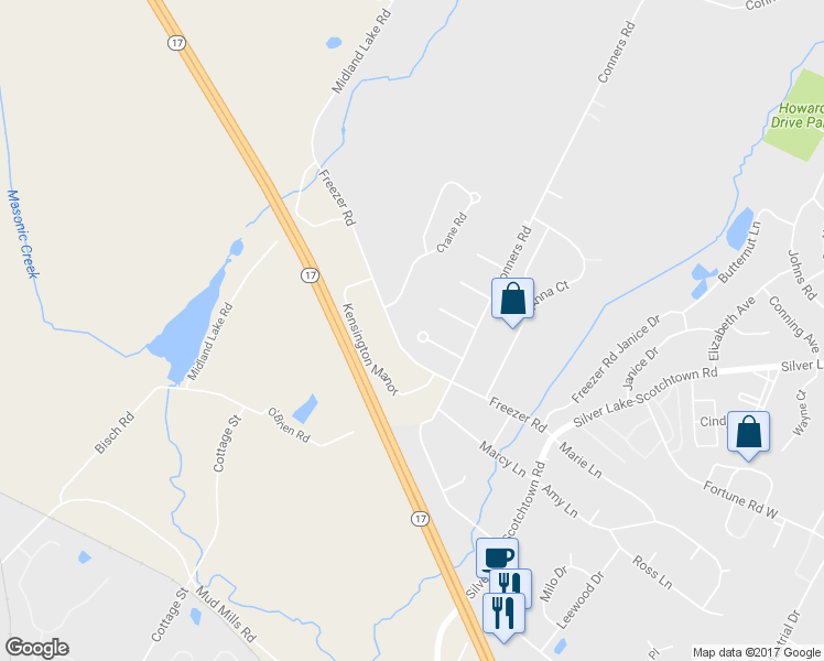 map of restaurants, bars, coffee shops, grocery stores, and more near 46 Sandburg Court in Middletown